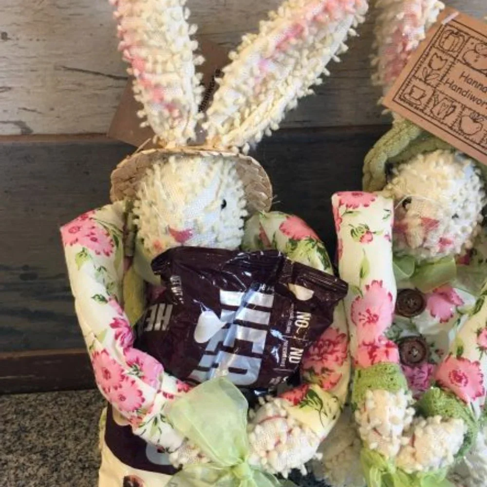 Shabby Chic Chenille Easter Bunny Rabbit Boy & Girl Plush Sitters NEW Lot of 2